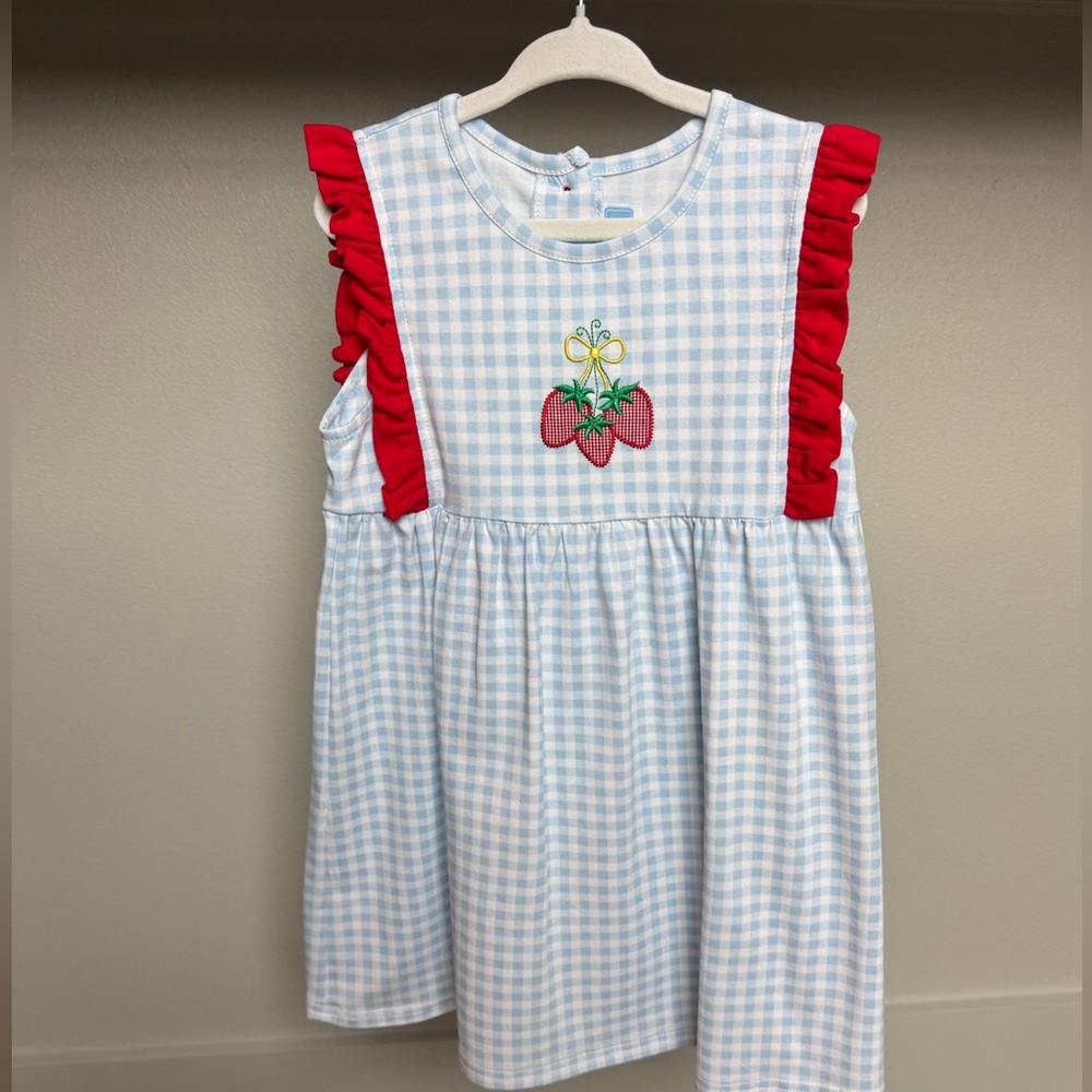 Blue and Red Gingham Kids Dress with Strawberry Embroidery